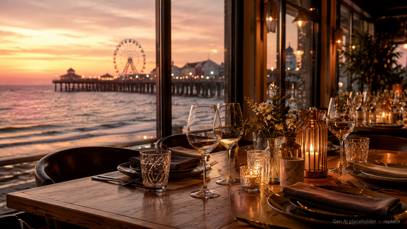 Warm waterfront restaurant dining in Galveston